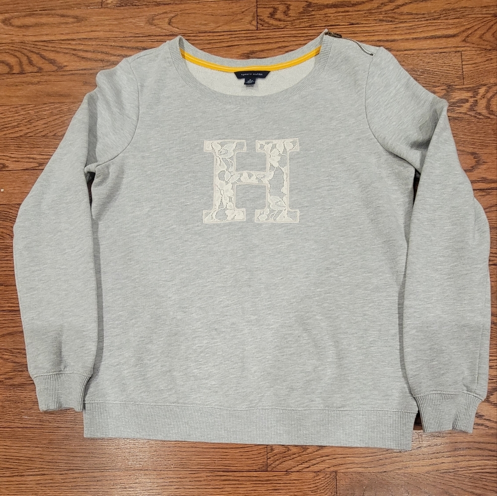 Tommy Hilfiger H Letter Logo Grey Vintage Y2k Sweater Size M